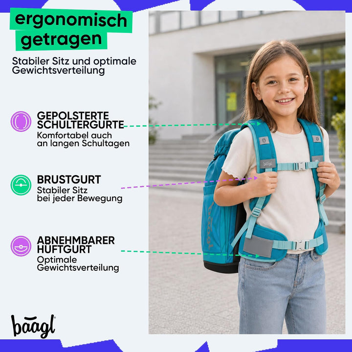 Baagl Airy Plus Schulranzen-Set 5-teilig, 25 l, ab 130 cm (Butterfly) | Isoliertes Snackfach; Magnet