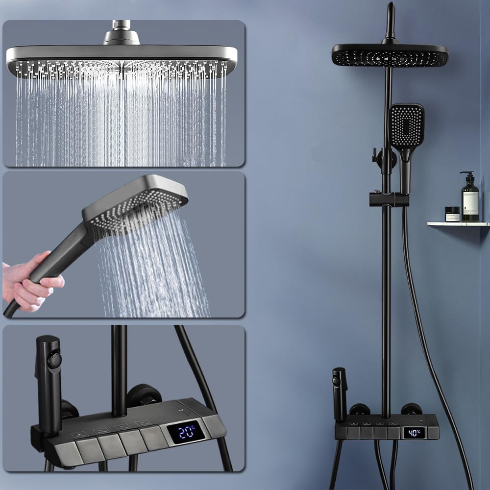 Duschsystem Schwarz,Edelstahl Duschgarnitur mit Duscharmatur Regendusche mit Armatur und 3 Strahlart