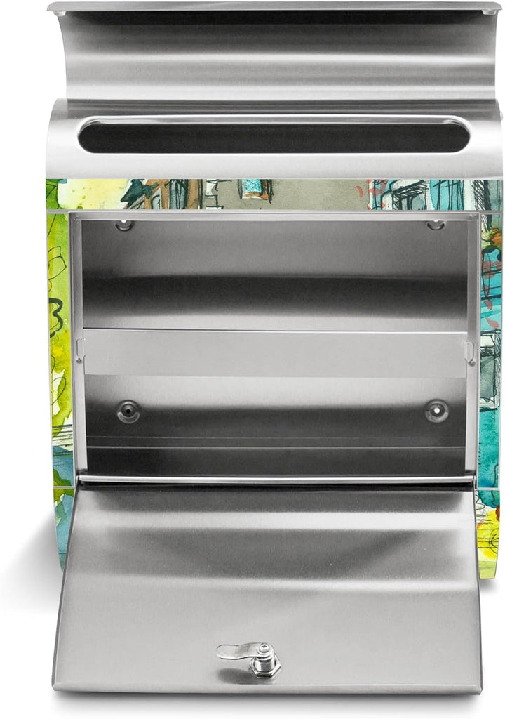 banjado® Briefkasten Edelstahl mit Motiv Historischer Stadtkern 38x43x12cm &amp; 2 Schlüssel - rostfreie