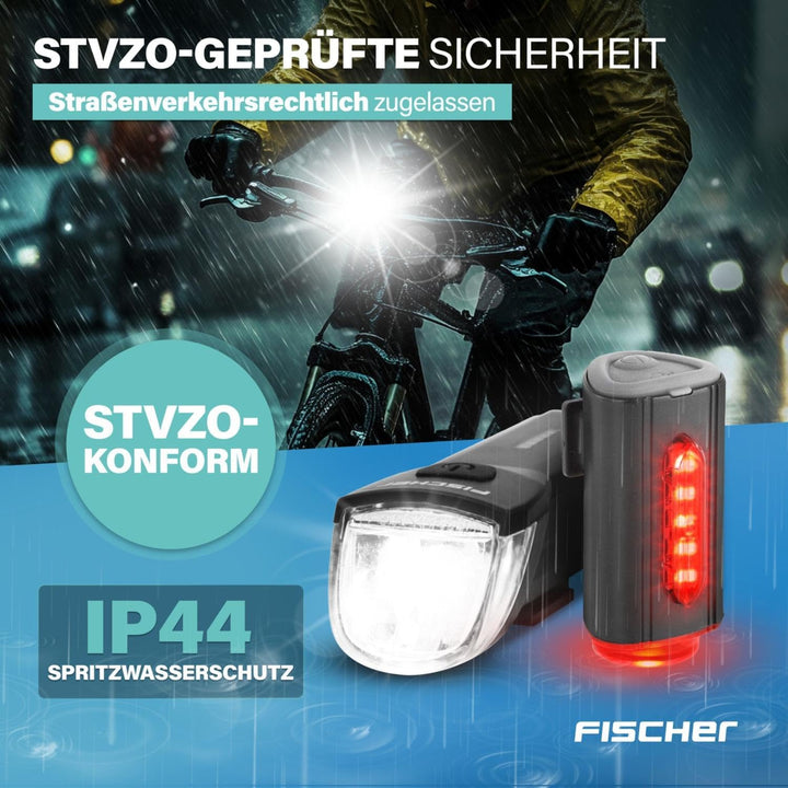 FISCHER Fahrrad-Beleuchtungsset 30/15 Lux, Akku-Leuchtenset TWIN, Front- und 360° Rückleuchte, mit A