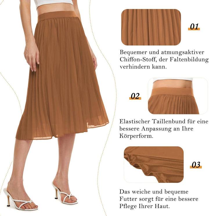 Durio Midirock Damen Faltenrock Plissee Damenrock Leicht Casualrock Chiffon Röcke A-Linie Braun 36,