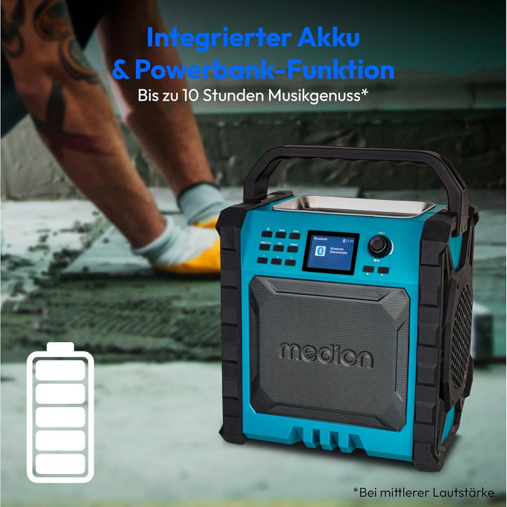 MEDION P66896 Baustellenradio (DAB Plus, DAB+/UKW, integrierter Akku, Farbdisplay, Bluetooth, Powerb
