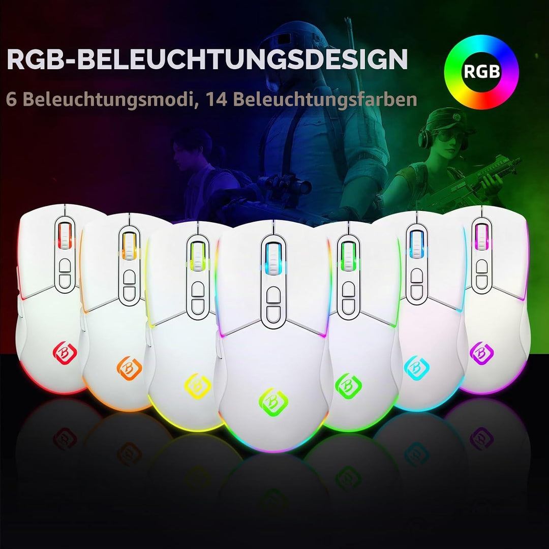 Kabellose Gaming Maus, Dual Mode 2.4GHz/Bluetooth 5.1 Maus Gaming, RGB LED Hintergrundbeleuchtung, E