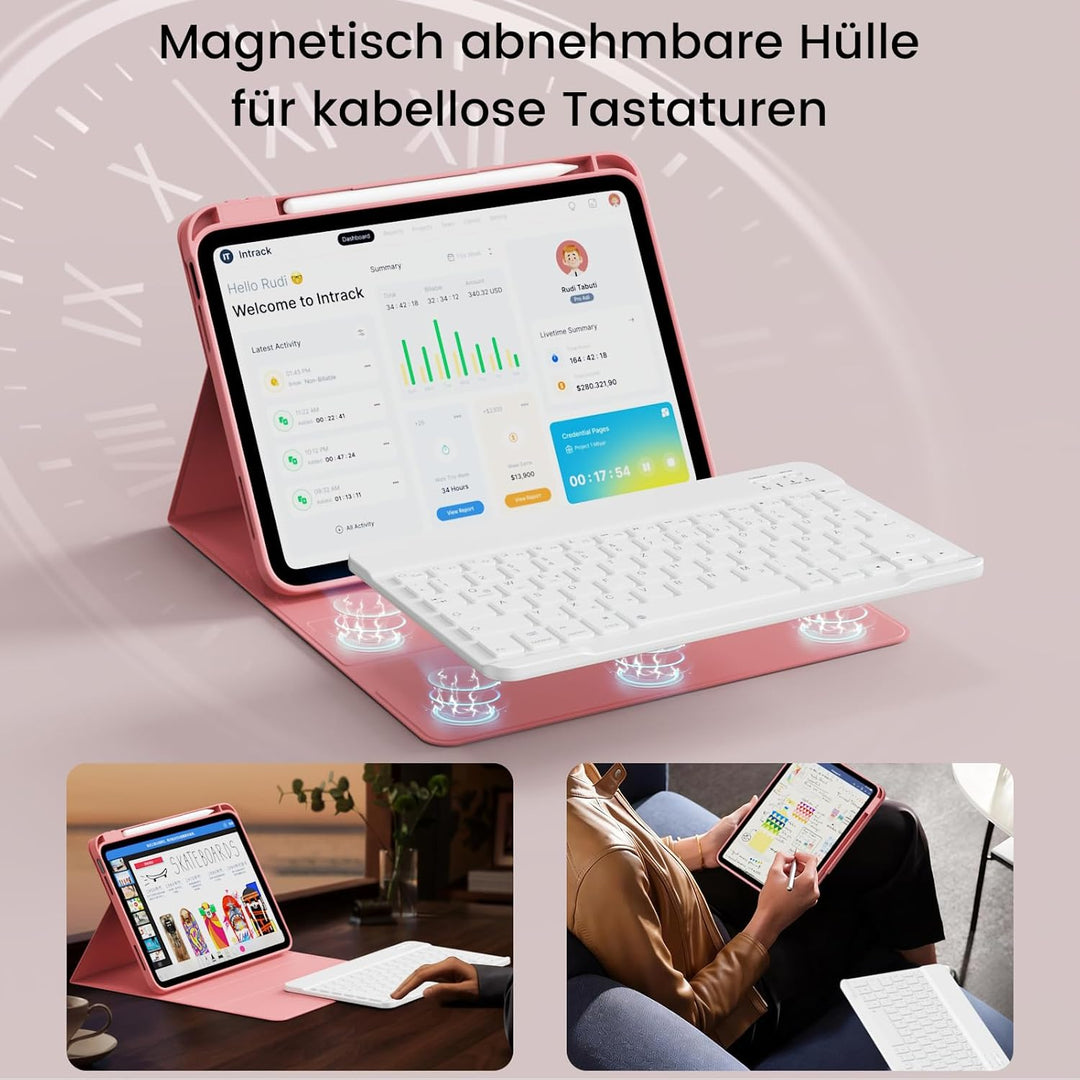 Hülle mit Tastatur für iPad 11/10 Generation mit Stifthalter, Magnetisch Abnehmbare Kabellose Blueto