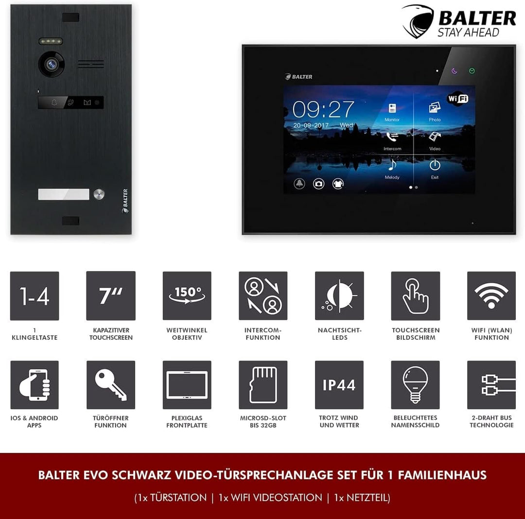 Nonic Balter EVO Video-Türsprechanlage WLAN Set 1 Familienhaus (1x Türstation mit Kamera Schwarz, 1x