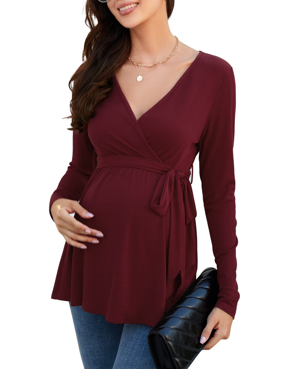 KOJOOIN Damen Stillshirt Schwangerschaftsshirt V-Ausschnitt Umstandsshirt Langarm Nursing Tops mit G
