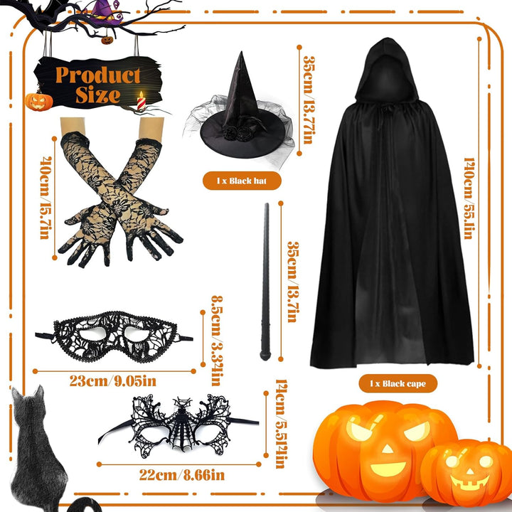 Shinybox Hexenkostüm Damen Halloween, 7 Stück Halloween Kostüm Damen mit Schwarzer Umhang, Hexenhut,