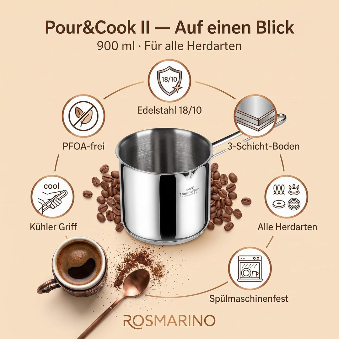 ROSMARINO Edelstahl-Induktions-Mokka-Kanne 1225 ml - model - 2025 - Moderne Türkische Cezve-Kaffeeka