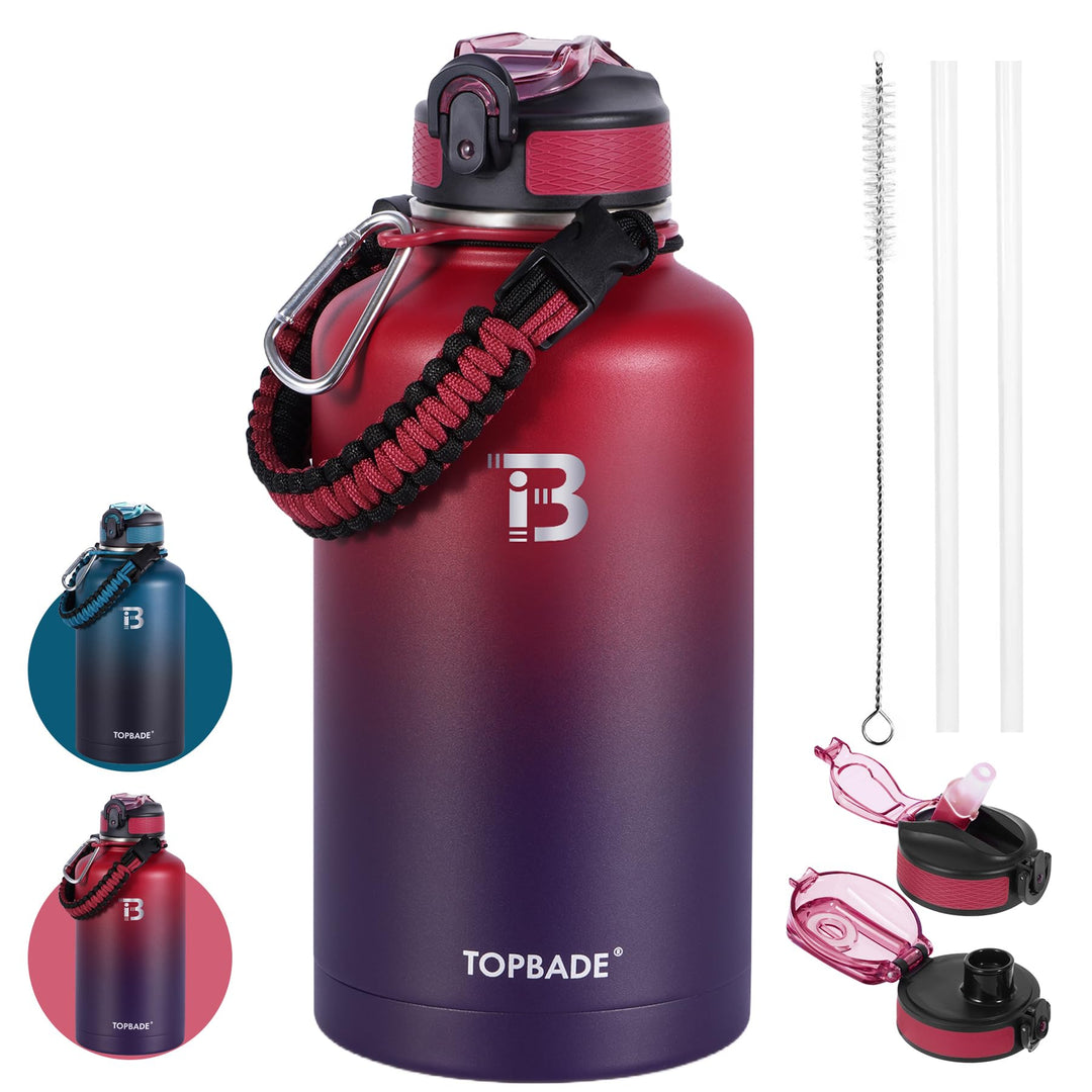 TOPBADE Edelstahl Trinkflasche 1900 ml (+2 Deckel), 1,9 Liter Isolierte Wasserflasche mit Strohhalm,