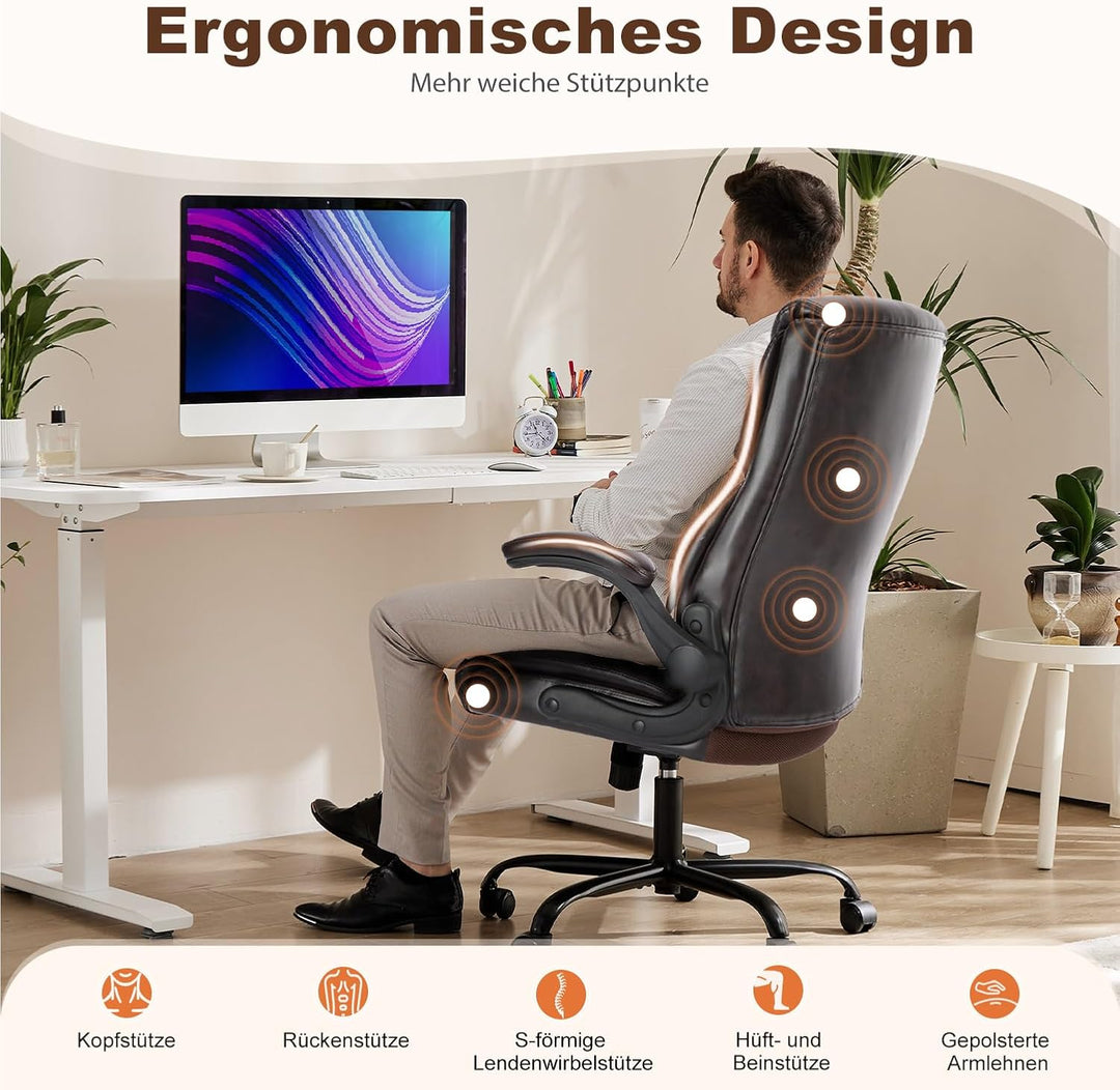 DUMOS Bürostuhl Pu-Leder Chefsessel mit Hochklappbaren Armlehnen Bürostuhle Leder mit Drehbaren Räde