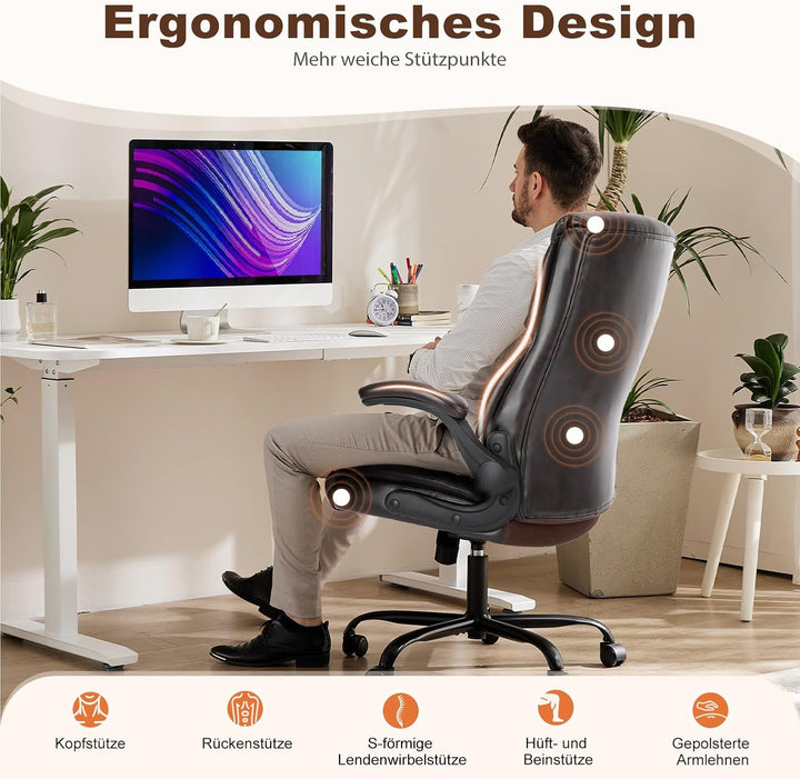 DUMOS Bürostuhl Pu-Leder Chefsessel mit Hochklappbaren Armlehnen Bürostuhle Leder mit Drehbaren Räde
