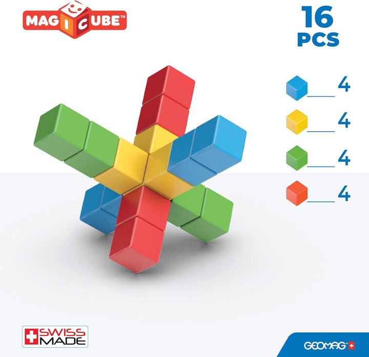 Geomag - Magicube 1+ Full Colour - Magnetic Cubes for Kids - 4 Colours - 16 Blocks – 100 Percent Rec