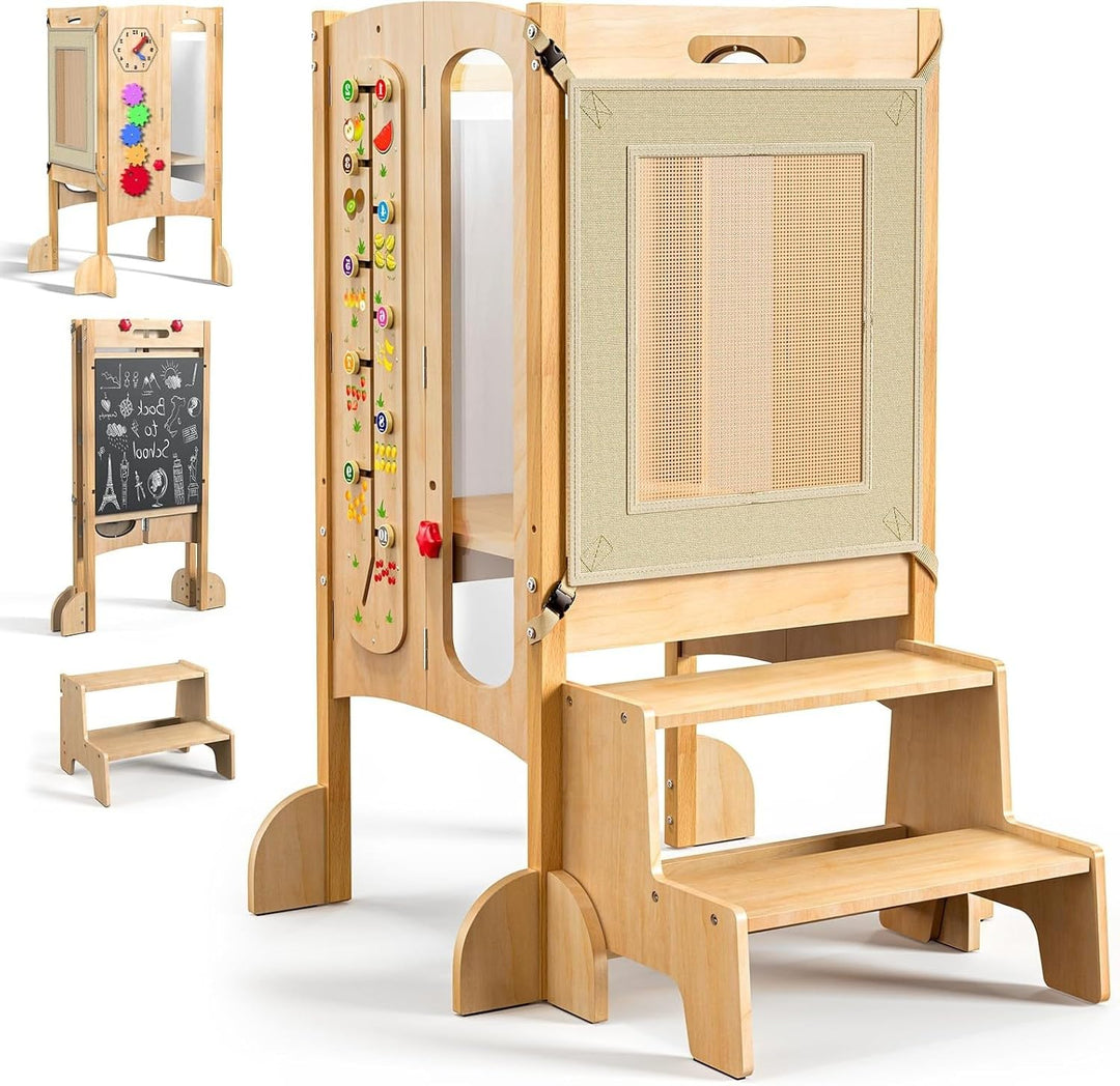 Lernturm Klappbar ab 1 Jahr, 5 in 1 Multifunktionaler Lernturm aus Holz mit Tafel, Montessori Learni