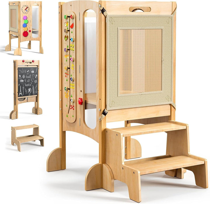 Lernturm Klappbar ab 1 Jahr, 5 in 1 Multifunktionaler Lernturm aus Holz mit Tafel, Montessori Learni
