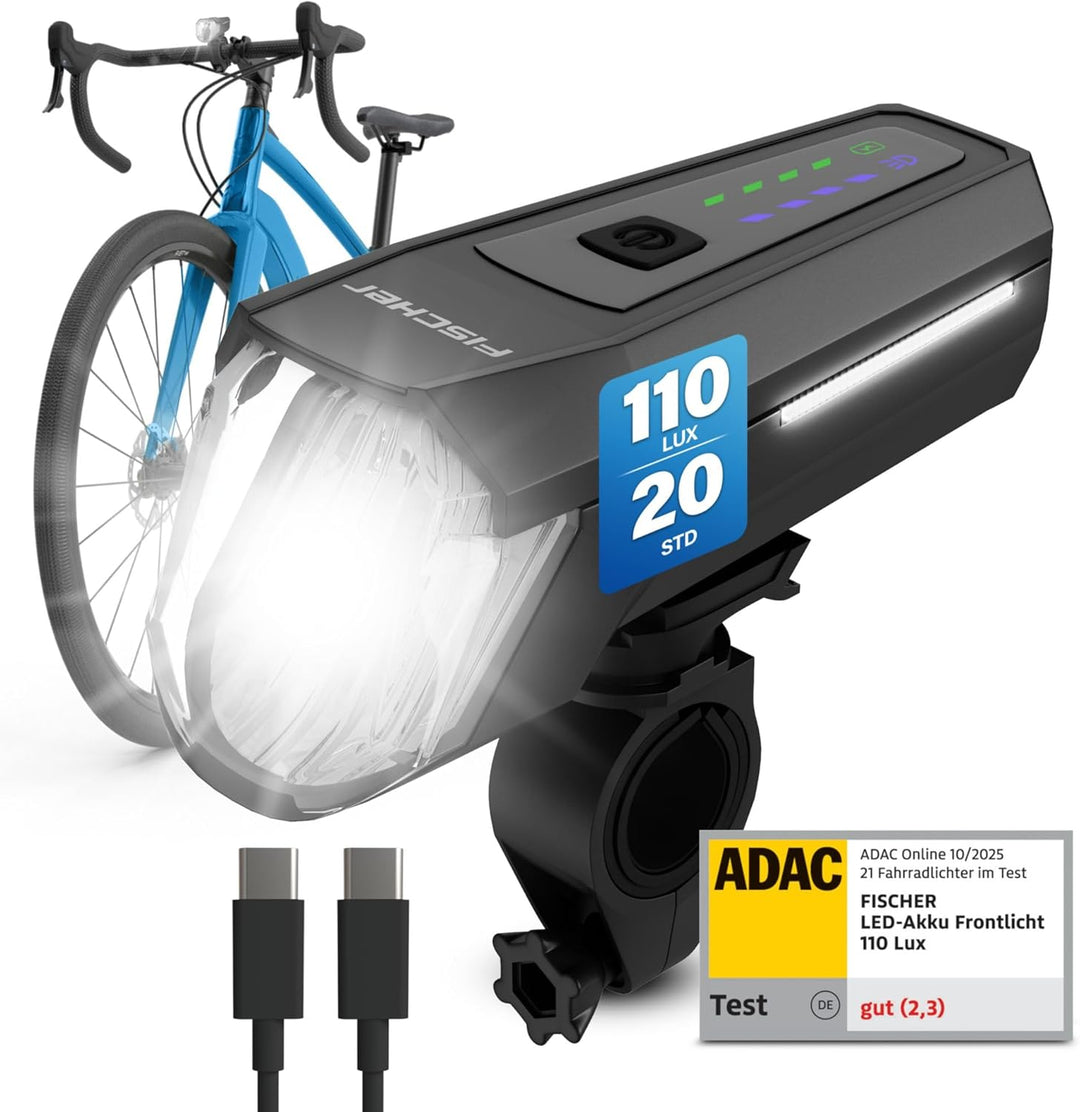 FISCHER Fahrrad LED-Frontlicht 110 Lux, mit Sensormodus, Leuchtweiteneinstellung, bis zu 20 Stunden