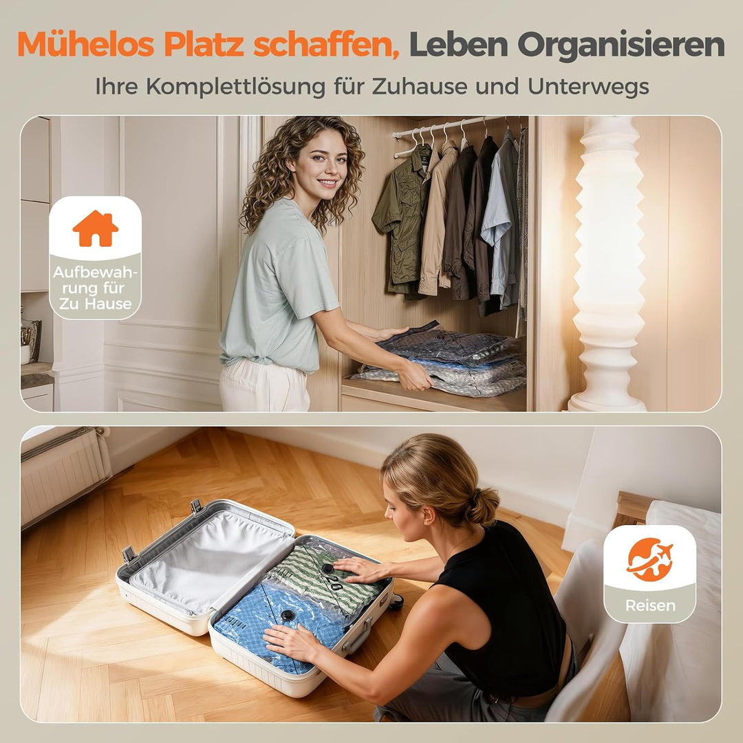 Innsky 9er Set Vakuumbeutel Kleidung mit kabelloser USB-C Vakuumpumpe – 3 Grössen (40x50/47x60/54x70