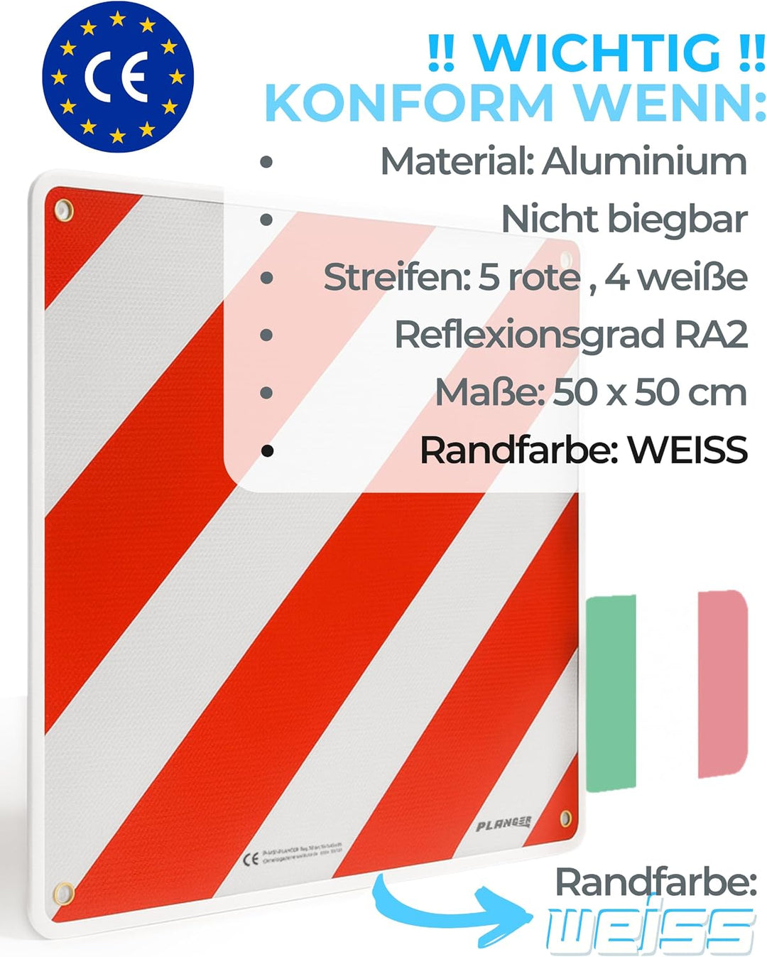 PLANGER® - Warntafel Italien (50 x 50 cm) + Spanner - Reflektierendes Warnschild rot weiss für Heckt
