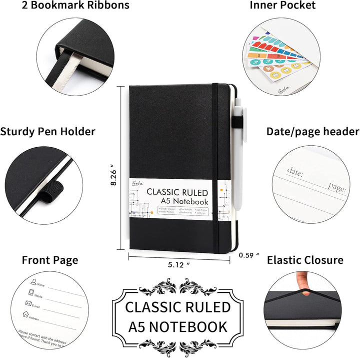 Notizbuch A5 liniert Hardcover, Feela 5 Notizbücher Set, Journal Buch mit 3 Gelstifte schwarz, 120 G