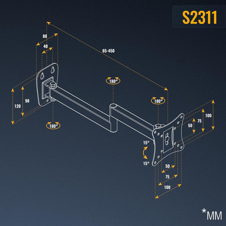 RICOO Halterung Monitor Arm Wand Monitorhalterung Schwenkbar Neigbar 15-27 Zoll, S2311, Wandhalterun