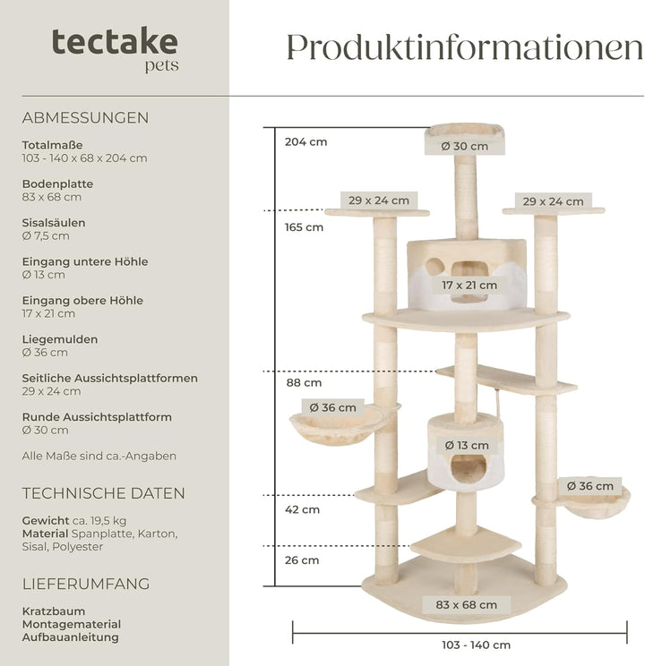 TecTake Katzen Kratzbaum mit XXL Liegemulde | 2 Katzenhäusern | deckenhoch - Diverse Farben - (beige