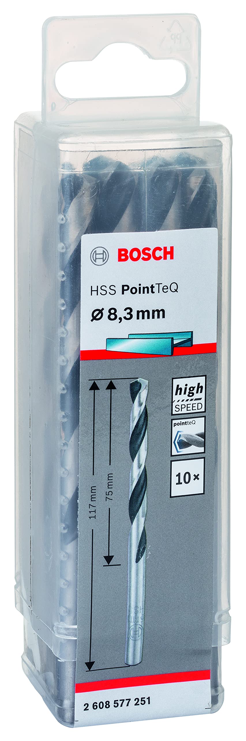 Bosch Professional 10 Stück HSS Spiralbohrer PointTeQ (für Metall, 8,3 x 75 x 117 mm, Zubehör Bohrsc
