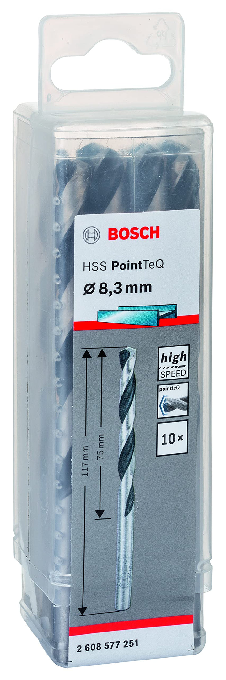 Bosch Professional 10 Stück HSS Spiralbohrer PointTeQ (für Metall, 8,3 x 75 x 117 mm, Zubehör Bohrsc