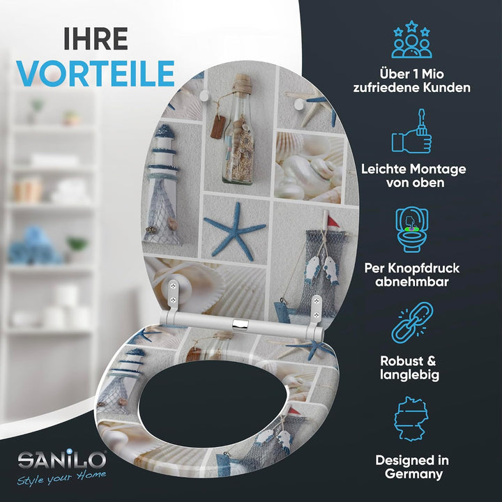 Sanilo WC Sitz mit Absenkautomatik, hochwertiger Toilettendeckel, einfache Montage, stabile Scharnie