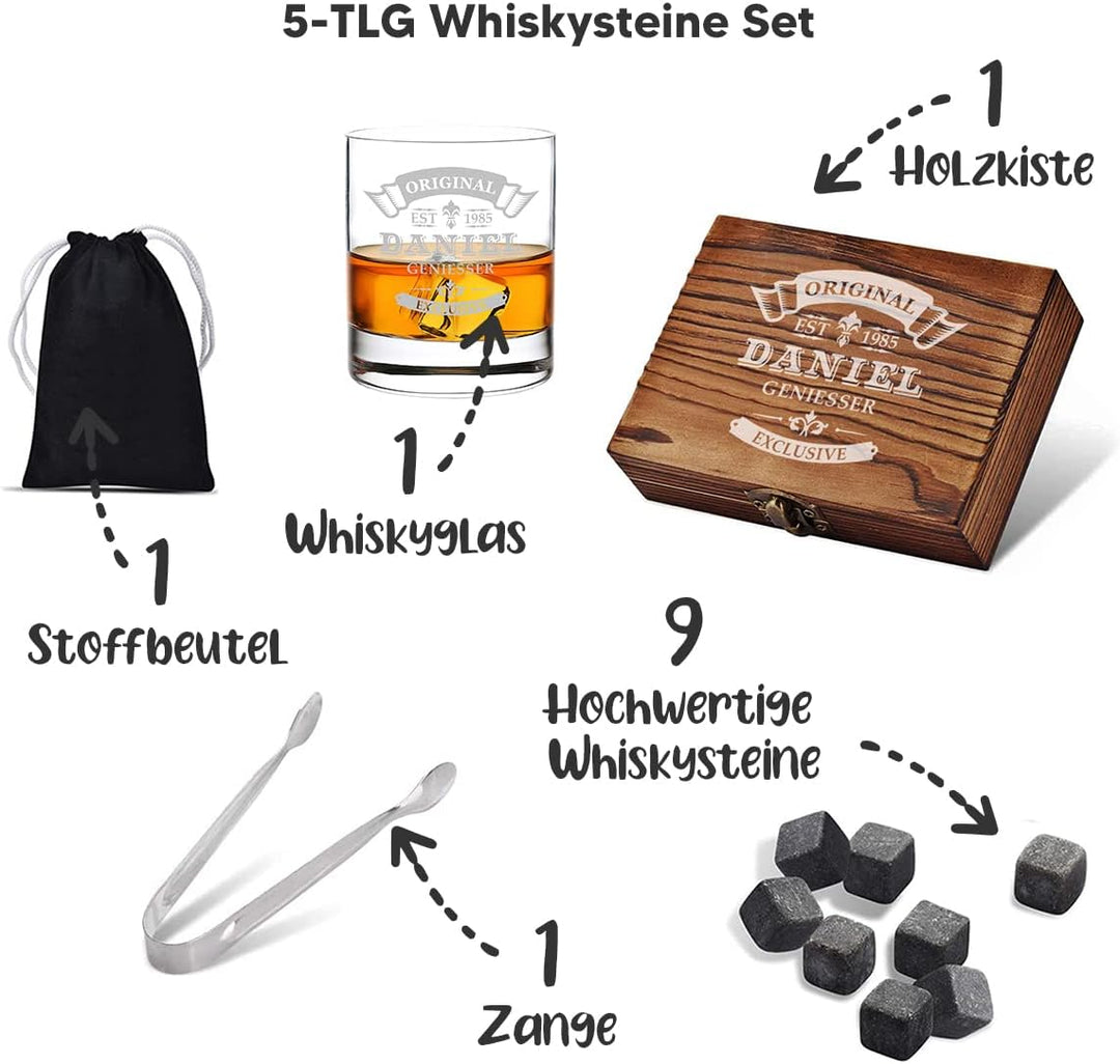 5-TLG Whisky Kühlsteine Set - Holzkiste und Whisky Tumbler mit Wunschgravur - 9x Kühlsteine, 1x Zang