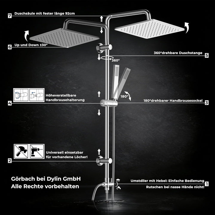 Görbach Regendusche Duschsystem ohne Armatur, Edelstahl Duschset mit Verstellbarer Duschstange, Kopf
