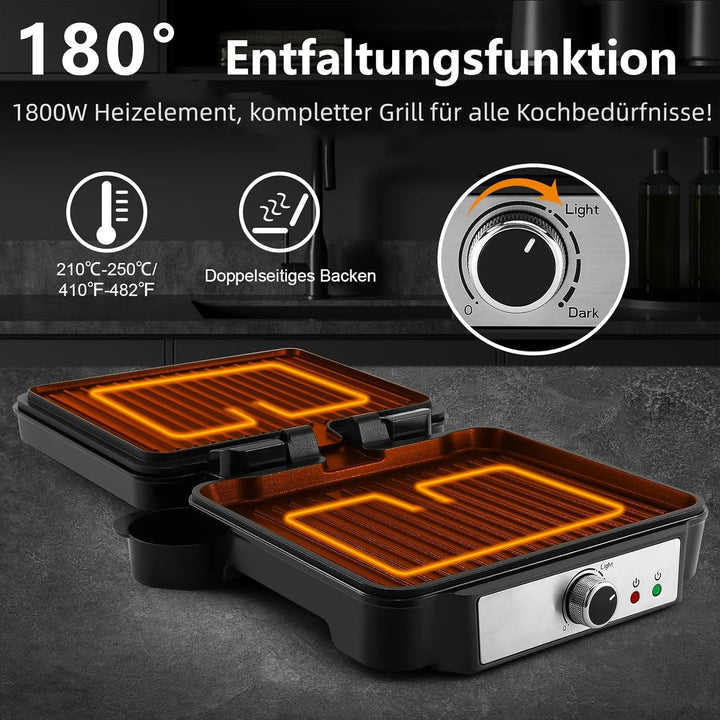 YASHE Kontaktgrill, 4 Scheiben Panini Grill Antihaftbeschichtete Platten, 1800W Toaster Sandwichtoas