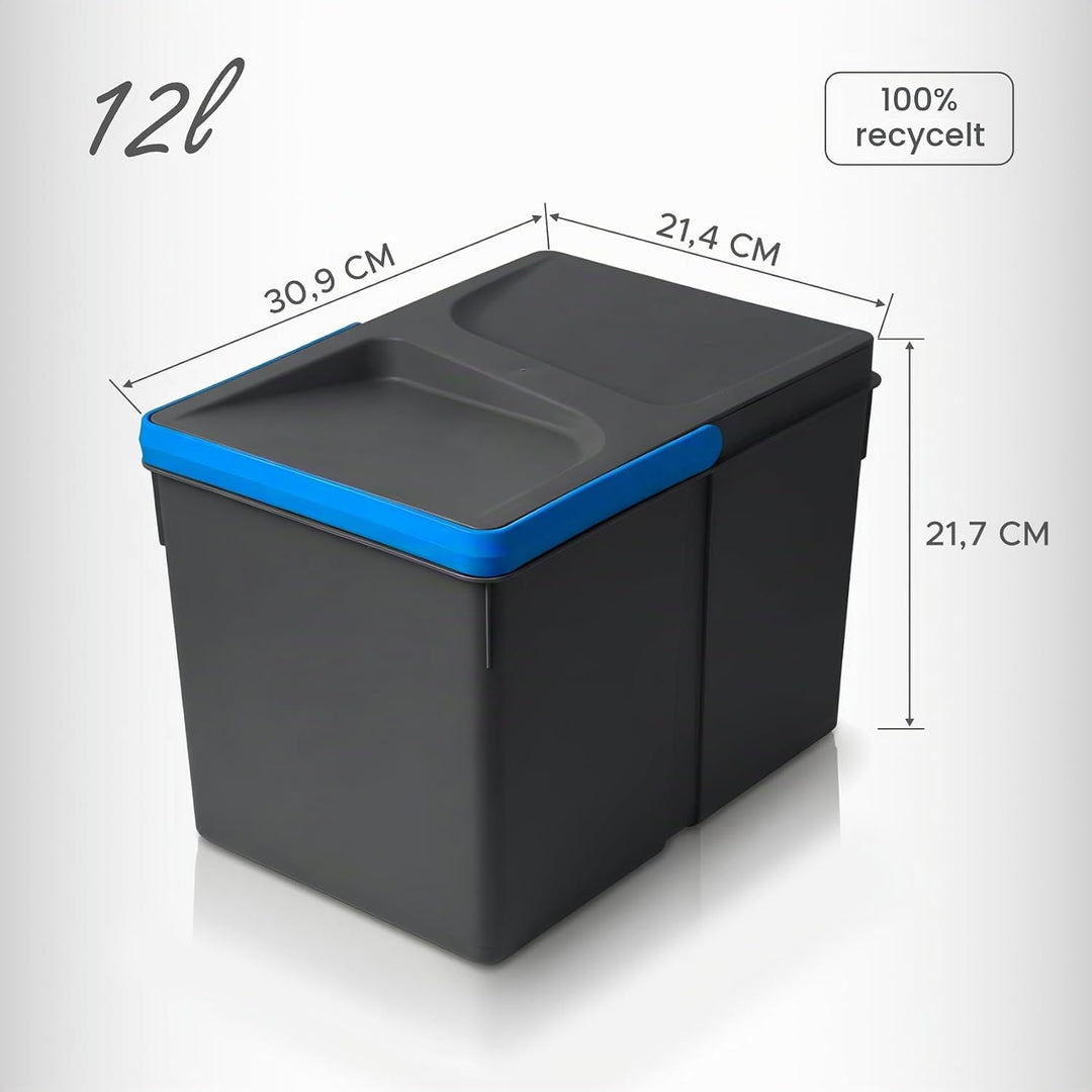 Mülltrennsystem 2x12l &amp; 2x5l anthrazit, Mülleimer Küche für Schublade oder Unterschrank, geruchsdich