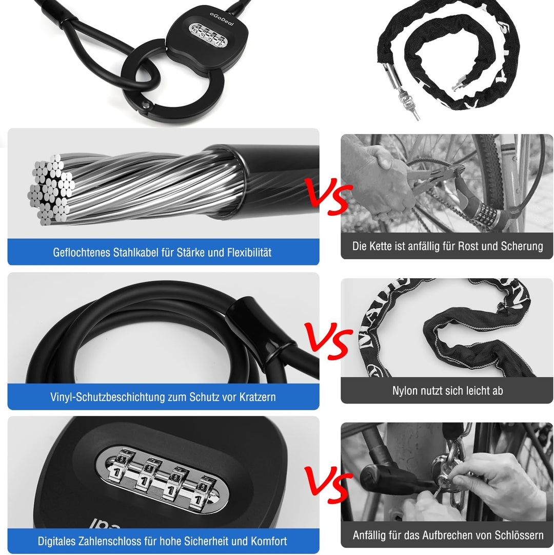 E Scooter Schloss, oGoDeal Fahrradschloss Zahlenschloss 1.2 m, Kabelschloss mit Sicherheitsstufe Seh
