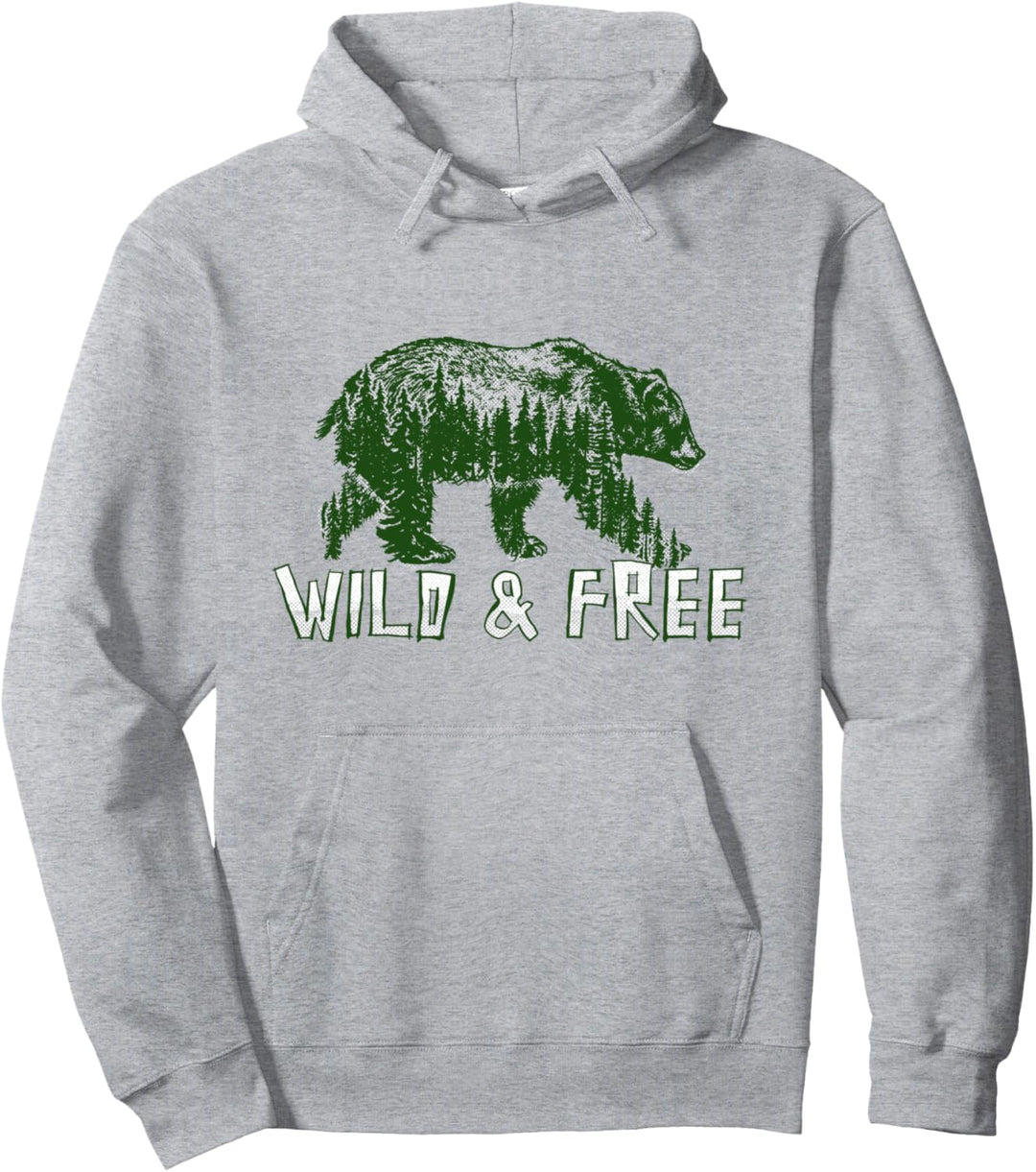 Wild & Free Grizzly Bear and Trees Sketch Illustration Pullover Hoodie