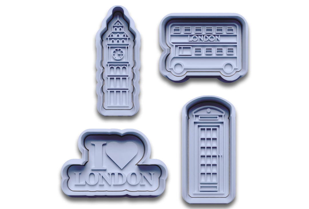 London Keksausstecher Set – 4-teilig mit Big Ben, Telefonzelle, Doppeldeckerbus & I Love London Schr