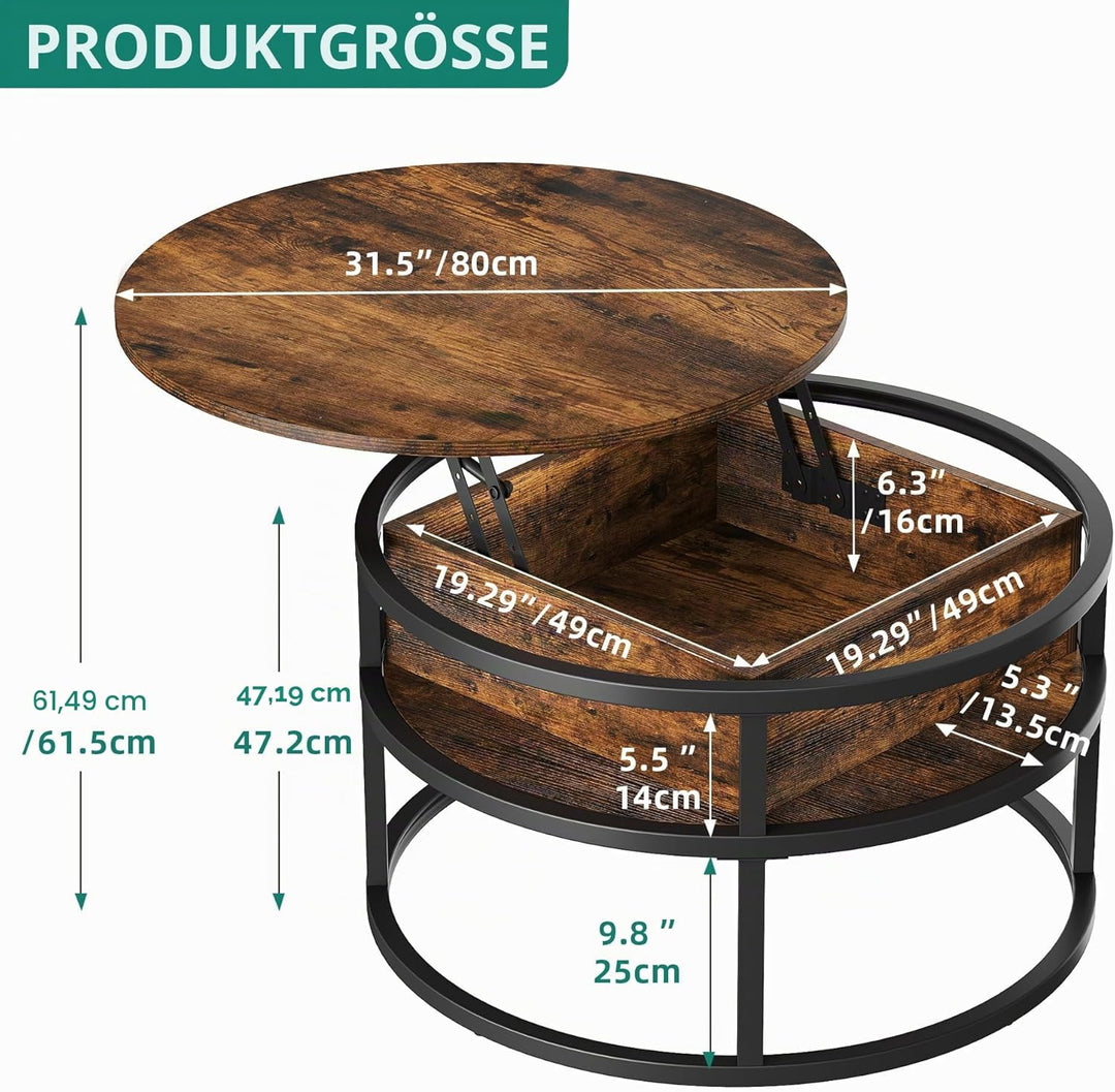YITAHOME Couchtisch Rund mit Hebeplatte, Wohnzimmertisch mit verstecktem Ablagefach, Beistelltisch R