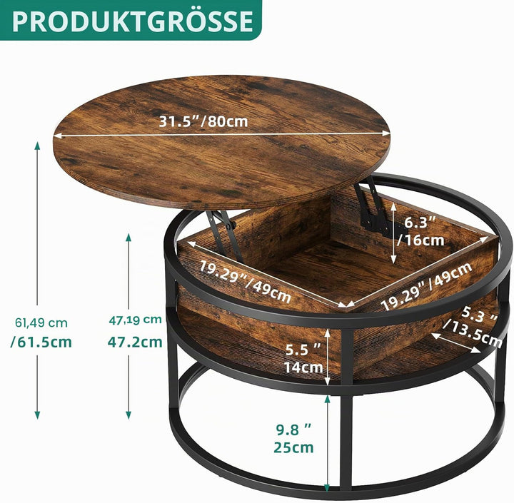 YITAHOME Couchtisch Rund mit Hebeplatte, Wohnzimmertisch mit verstecktem Ablagefach, Beistelltisch R