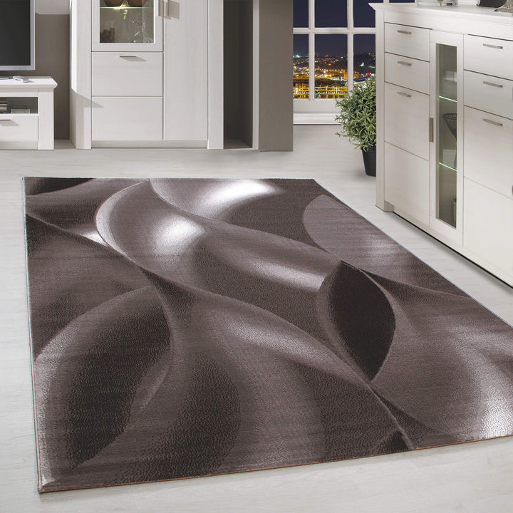 HomebyHome Teppich 200x290 cm Braun Kurzflor Abstrakt Wellen Design Moderner Teppich für Wohnzimmer
