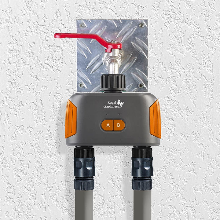 Royal Gardineer Dual Bewässerung: 2er-Set WLAN-Bewässerungscomputer mit Dual-Ventil, 2-Fach-Verteile