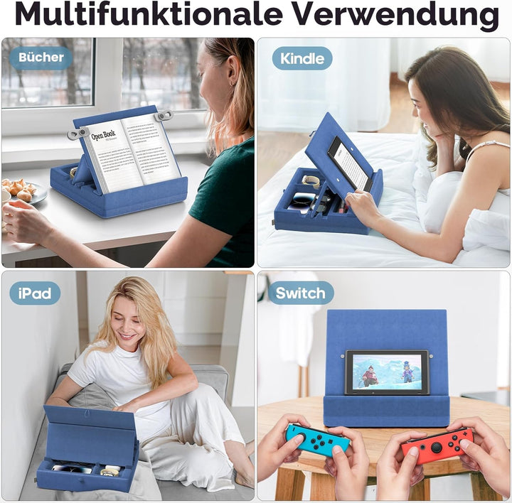 KDD Buchständer Kissen mit Aufbewahrung, Faltbare Buchhalter Leseständer, Verstellbar Kochbuchhalter