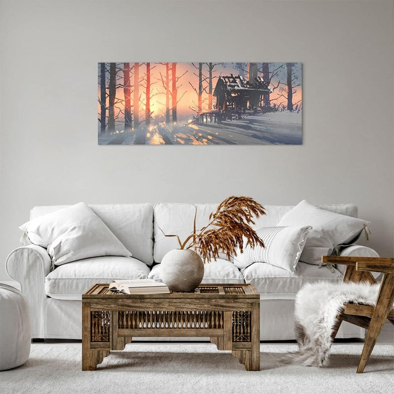 Panorama Bilder auf Leinwand 100x40cm Leinwandbild Winter Wald Hütte Gross Wanddeko Bild Schlafzimme