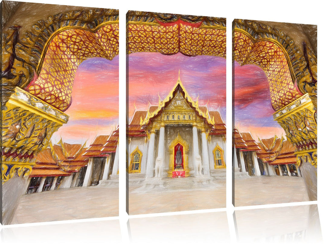 Pixxprint Marmortempel von Bangkok / 3-Teilig/Gesamtmass 120cm Leinwandbild bespannt auf Holzrahmen/