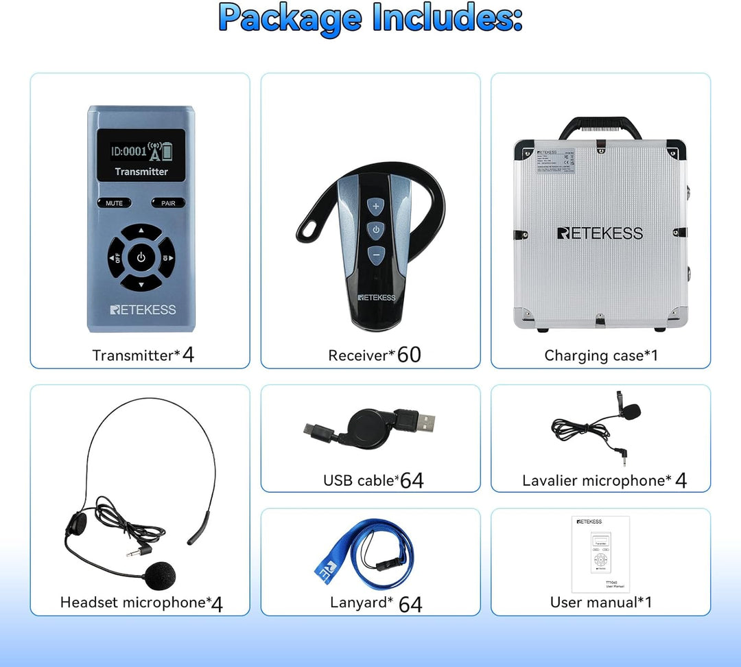Retekess TT106S Drahtloses Tourguide-System, Tourguide-Headsets, 2.4G,One-Touch-Bedienung, Hochleist