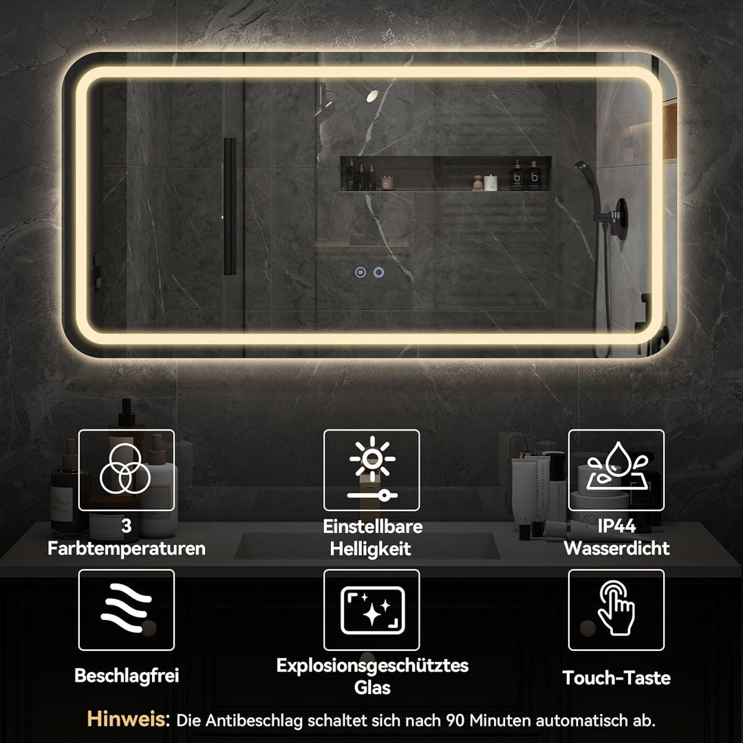 YOURLITE Badspiegel-mit-Beleuchtung 120x60cm,Badezimmerspiegel mit Beleuchtung,Touch-Schalter,Rechte