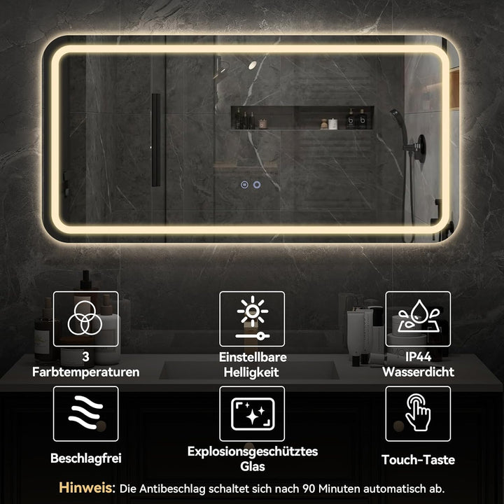 YOURLITE Badspiegel-mit-Beleuchtung 120x60cm,Badezimmerspiegel mit Beleuchtung,Touch-Schalter,Rechte
