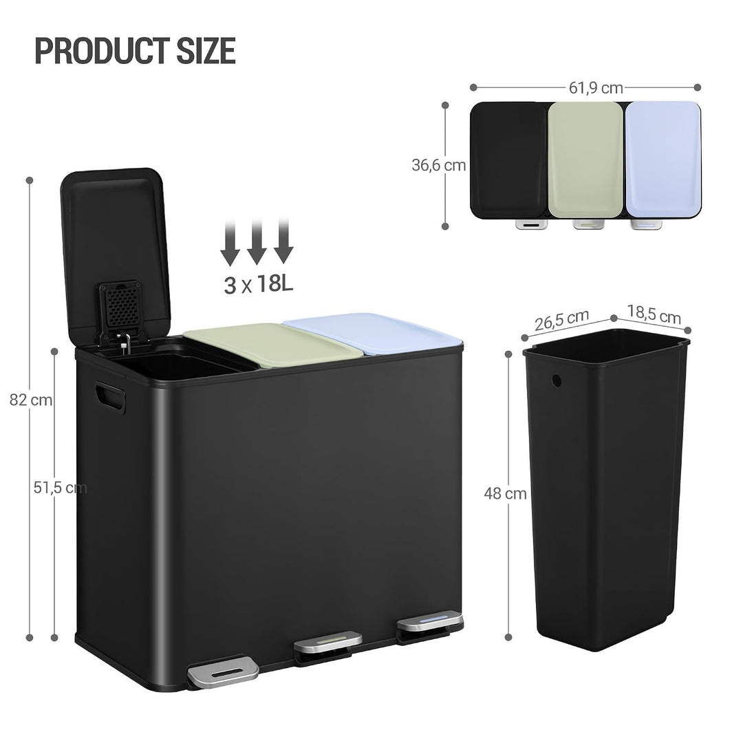 Hzuaneri Mülleimer Küche, 3 x 18 L, Mülltrennsystem 3 Fächer, Mülleimer mit Farbigem Soft-Close-Deck