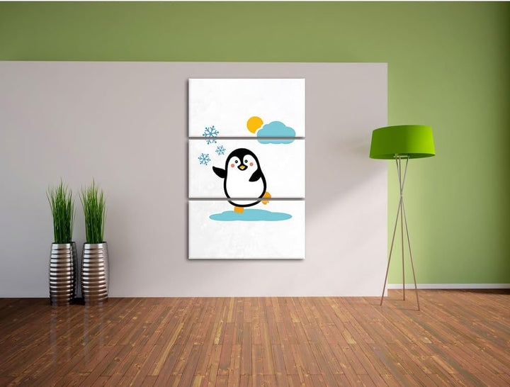 Süsser Pinguin auf EIS als Leinwandbild/Grösse: 3 Teilig (120x80) cm/Wandbild/Kunstdruck/fertig besp