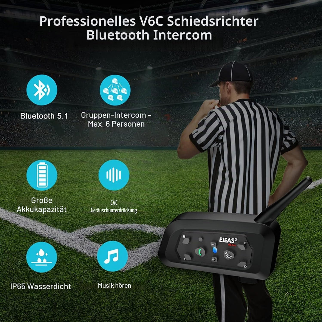 EJEAS V6C Referee Bluetooth Intercom, 850mAh Full Duplex 1200M Wireless Bluetooth Interphone mit Ref