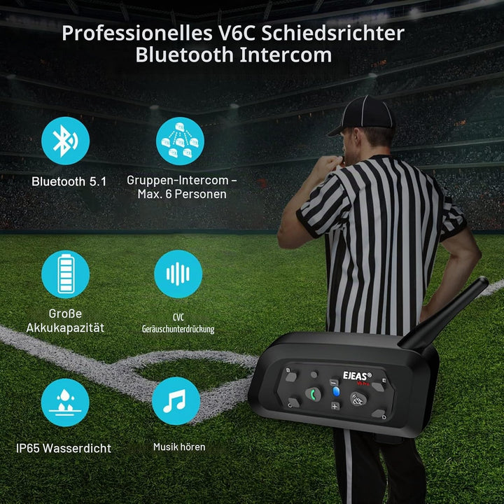 EJEAS V6C Referee Bluetooth Intercom, 850mAh Full Duplex 1200M Wireless Bluetooth Interphone mit Ref
