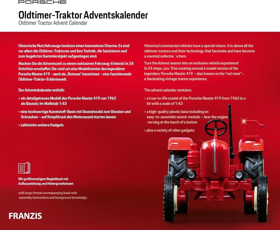 FRANZIS 67067 - Porsche Oldtimer-Traktor Adventskalender 2019, Modellbausatz im Massstab 1:43, inkl.