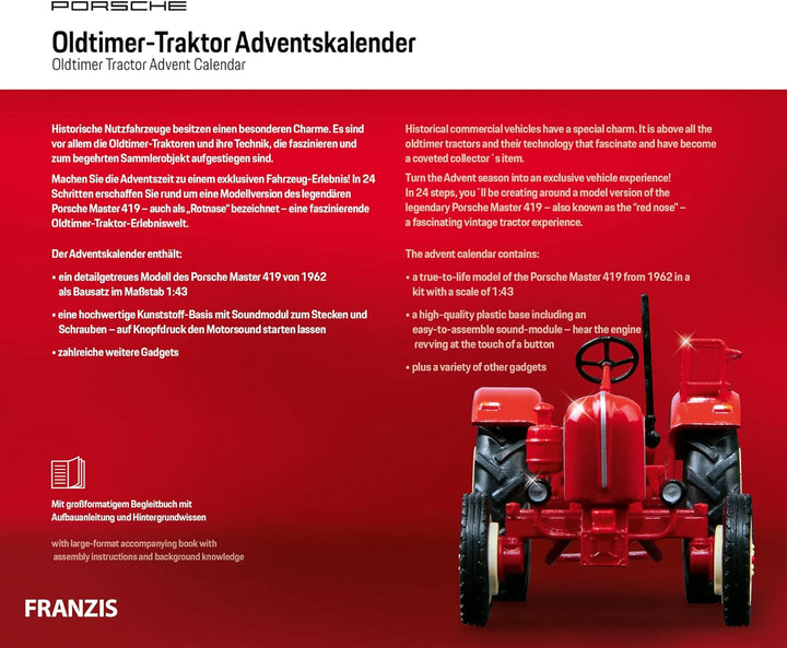 FRANZIS 67067 - Porsche Oldtimer-Traktor Adventskalender 2019, Modellbausatz im Massstab 1:43, inkl.